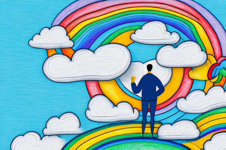 A person surrounded by a swirl of clouds and a rainbow of colors