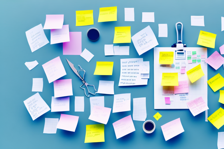 A project management board with post-it notes and other tools used to plan and manage projects