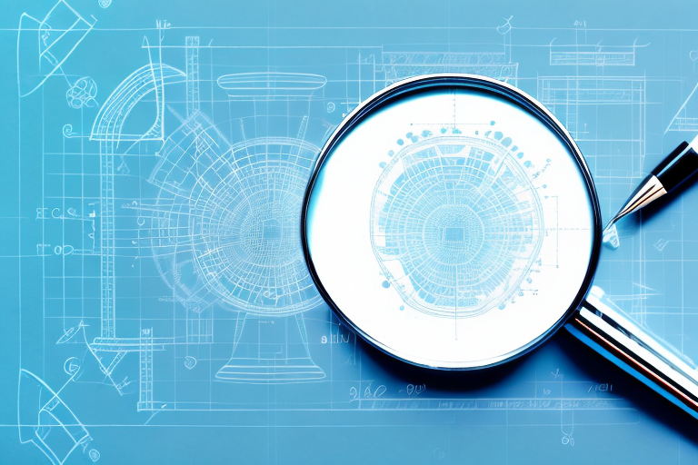 A magnifying glass with a set of blueprints or diagrams in the background