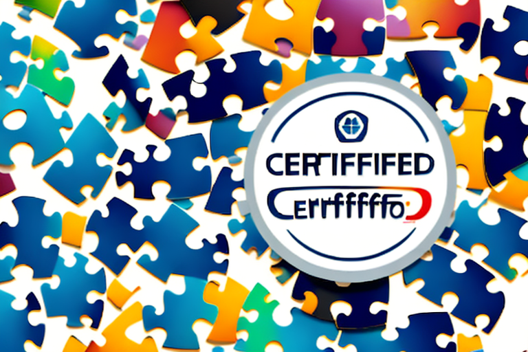 A colorful puzzle with pieces that come together to form a certification badge